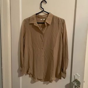 Uniqlo collared long sleeve button down sheer silk top beige Sz. S